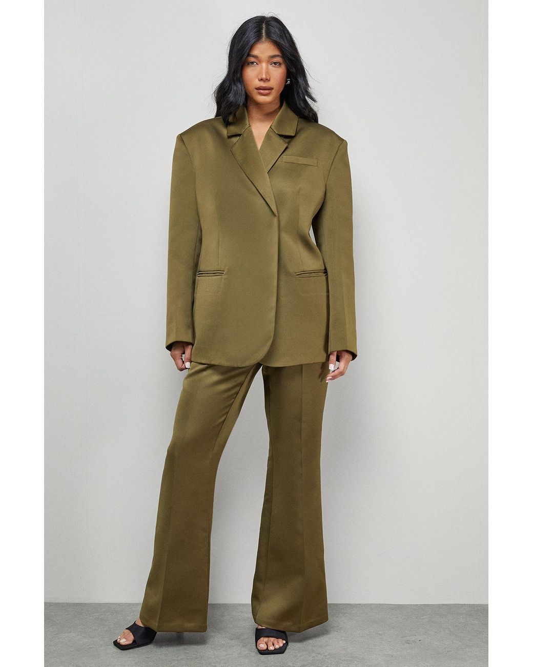 Oasis Green Premium Satin Clean Waistband Flare Trousers Co-Ord