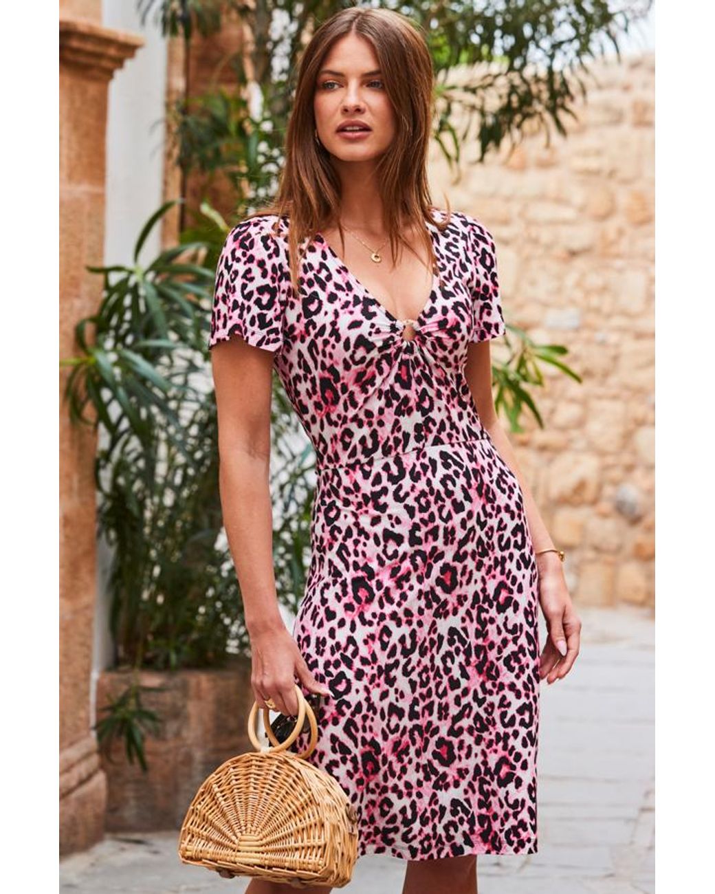 Sosandar Pink Leopard Print Hoop Detail Fit & Flare Jersey Dress