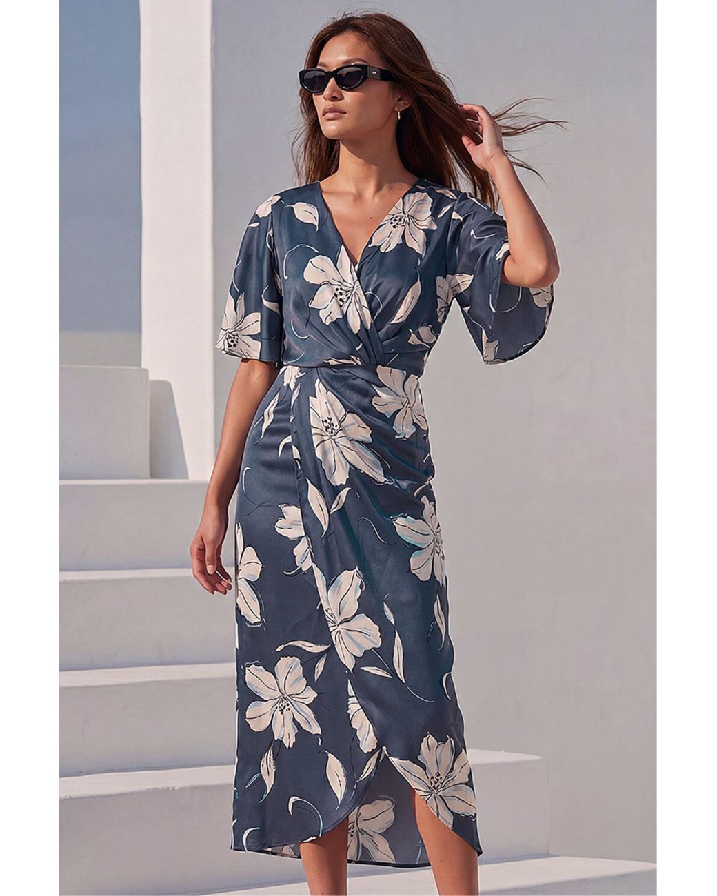 Roman Blue Floral Print Wrap Twist Dress