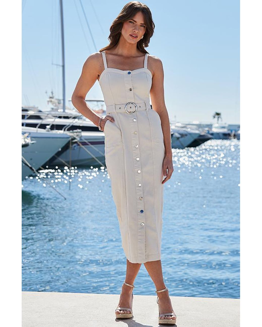 Sosandar Blue Ivory Button Front Denim Dress With Belt
