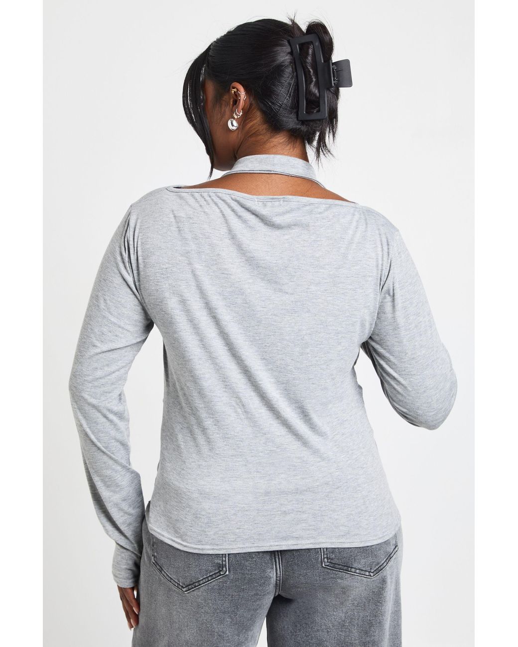 Boohoo Gray Plus Halterneck Cowl Double Layer Long Sleeve Top