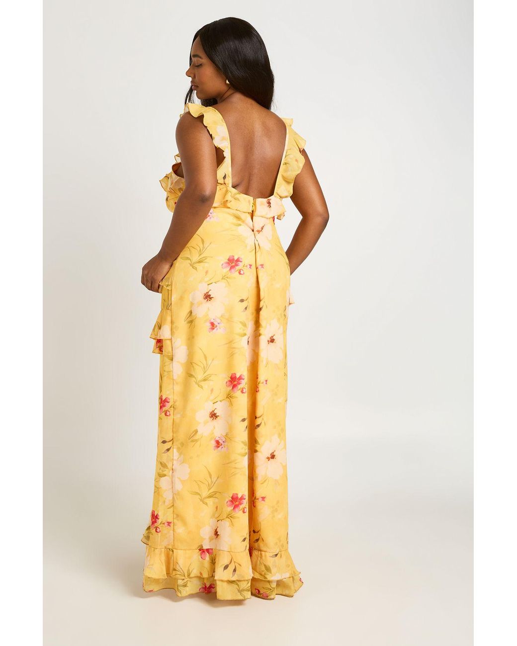 Boohoo Metallic Plus Floral V Neck Chiffon Ruffle Maxi Dress