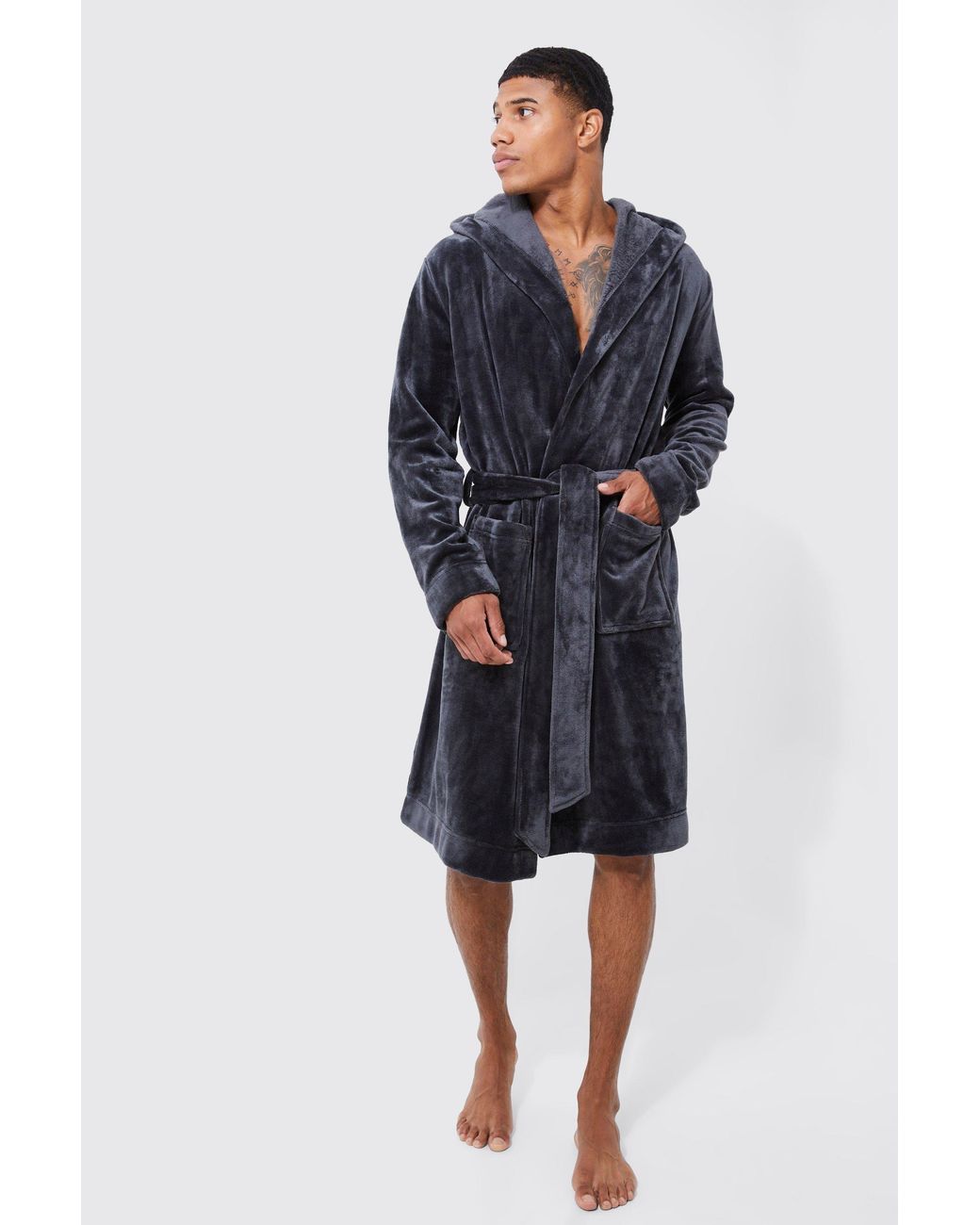 BoohooMAN Blue Hooded Dressing Gown for men