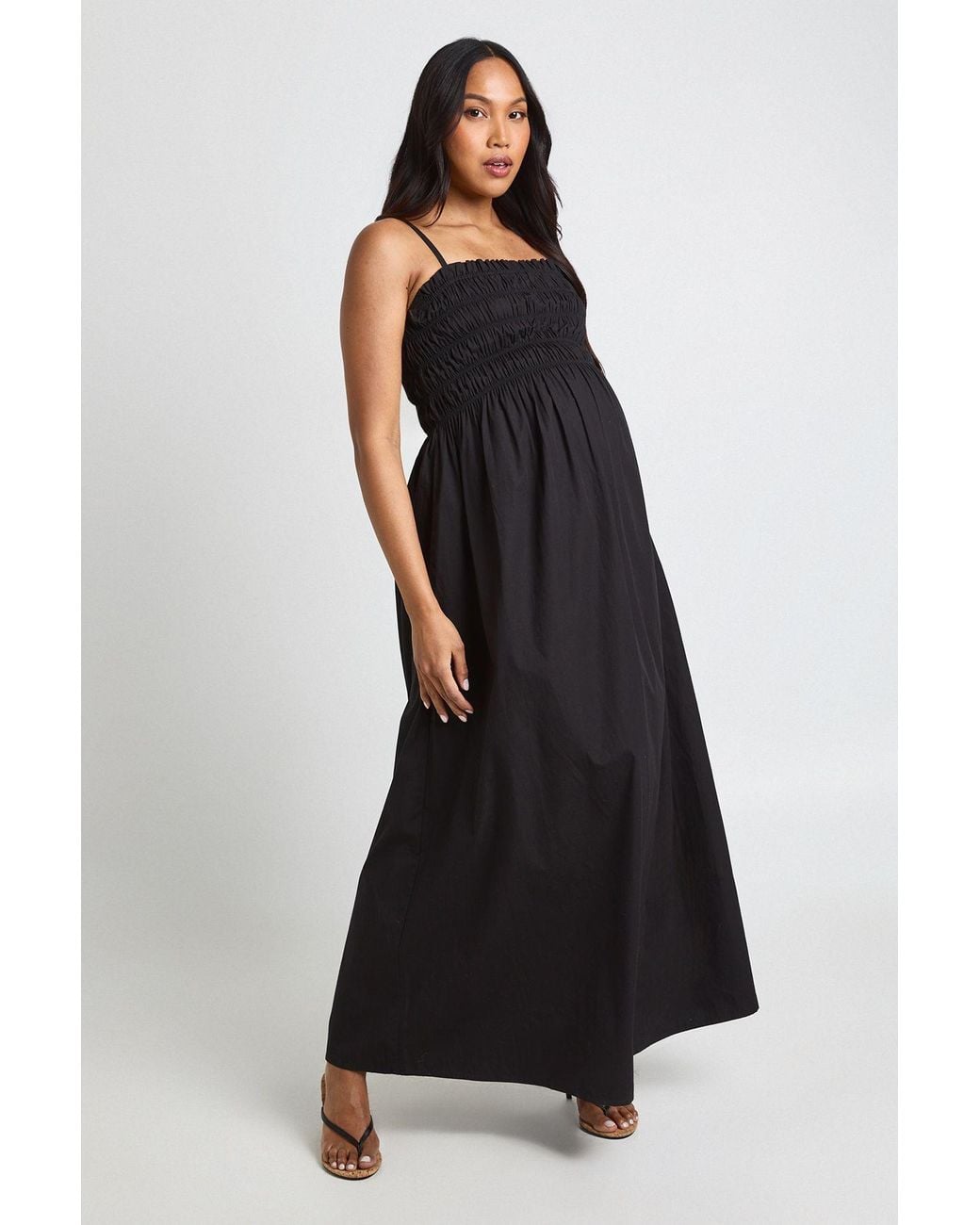 Boohoo Black Materntiy Cotton Poplin Shirred Strappy Maxi Dress