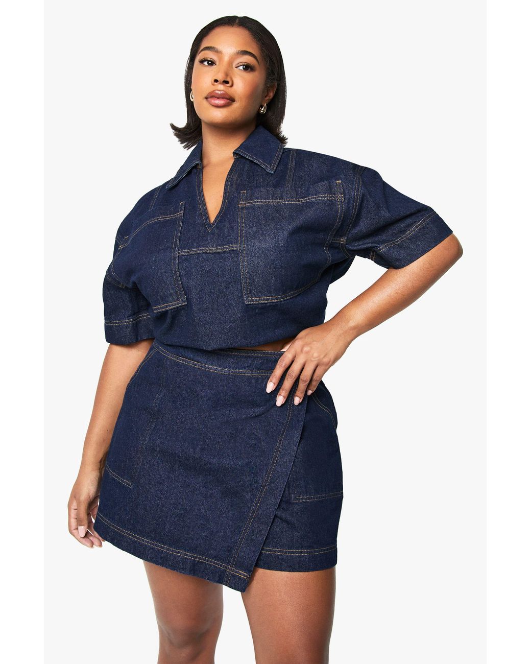 Boohoo Blue Plus Denim Wrap Skort