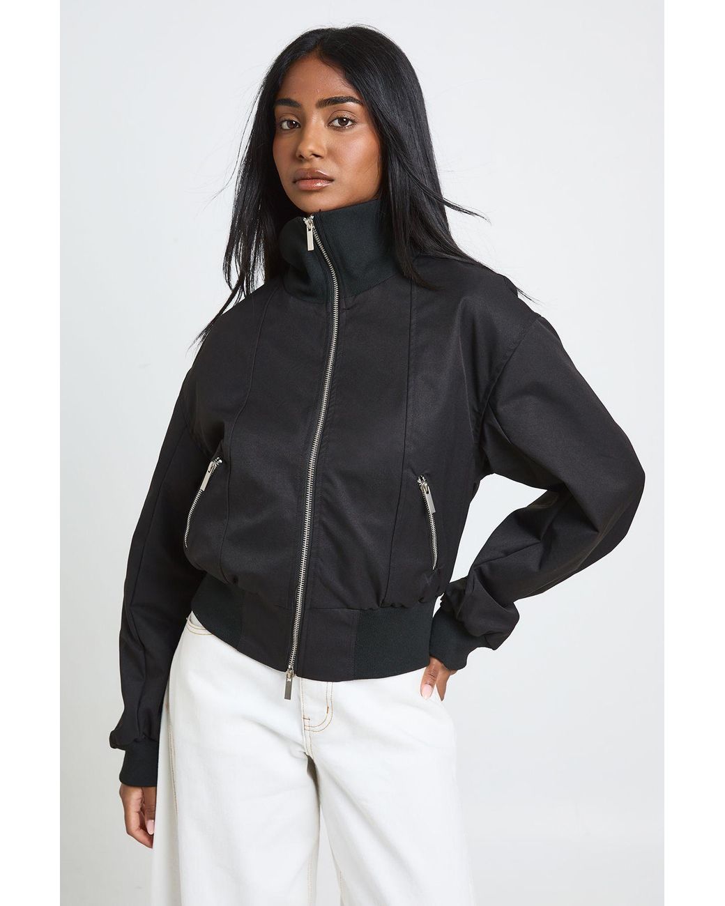 Boohoo Black Ribbed Funnel Neck Bomber Jacket