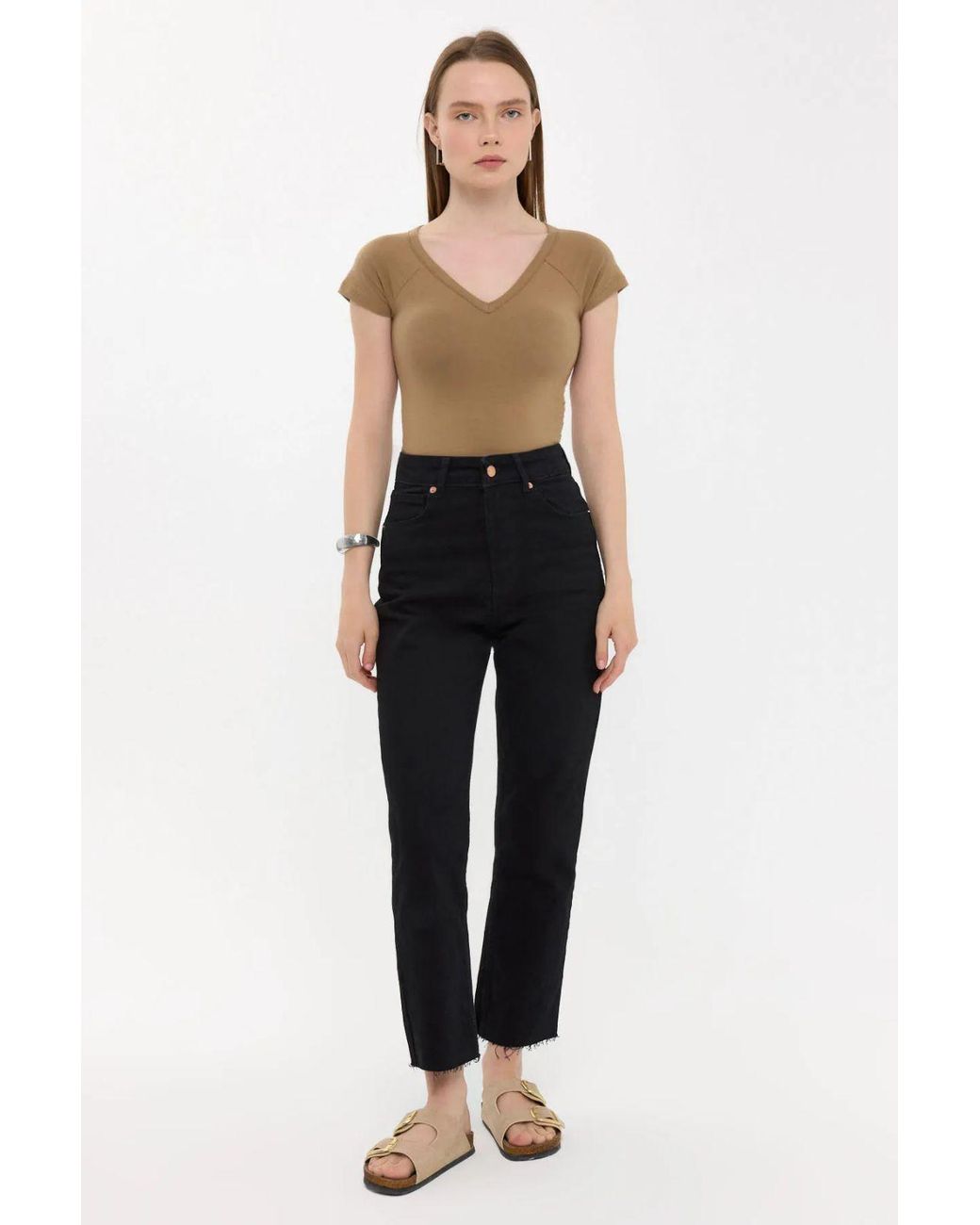 Hiccup Black Basic Cap-Sleeve V-Neck T-Shirt