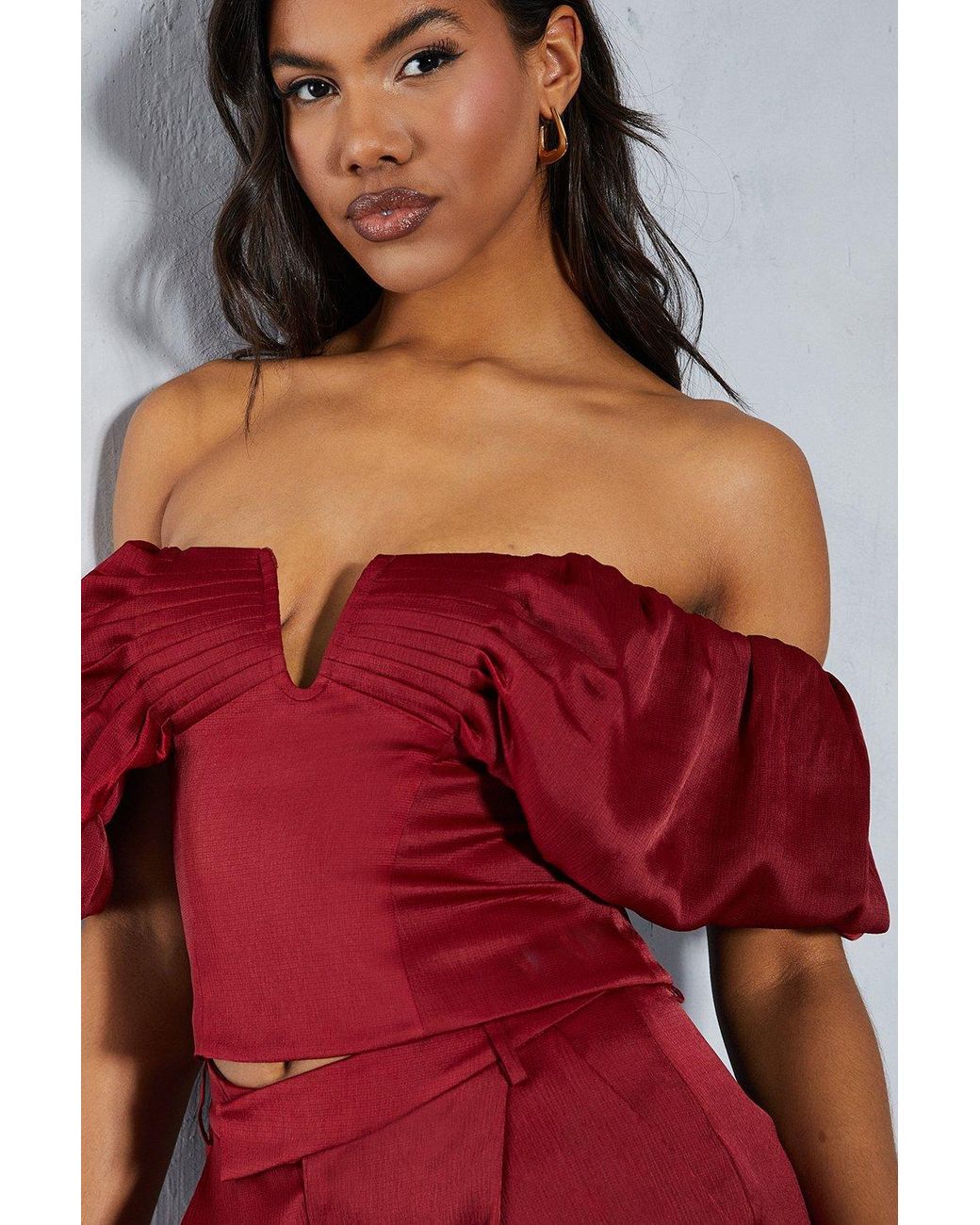 MissPap Textured Satin Pleated Bust Frill Bardot Top