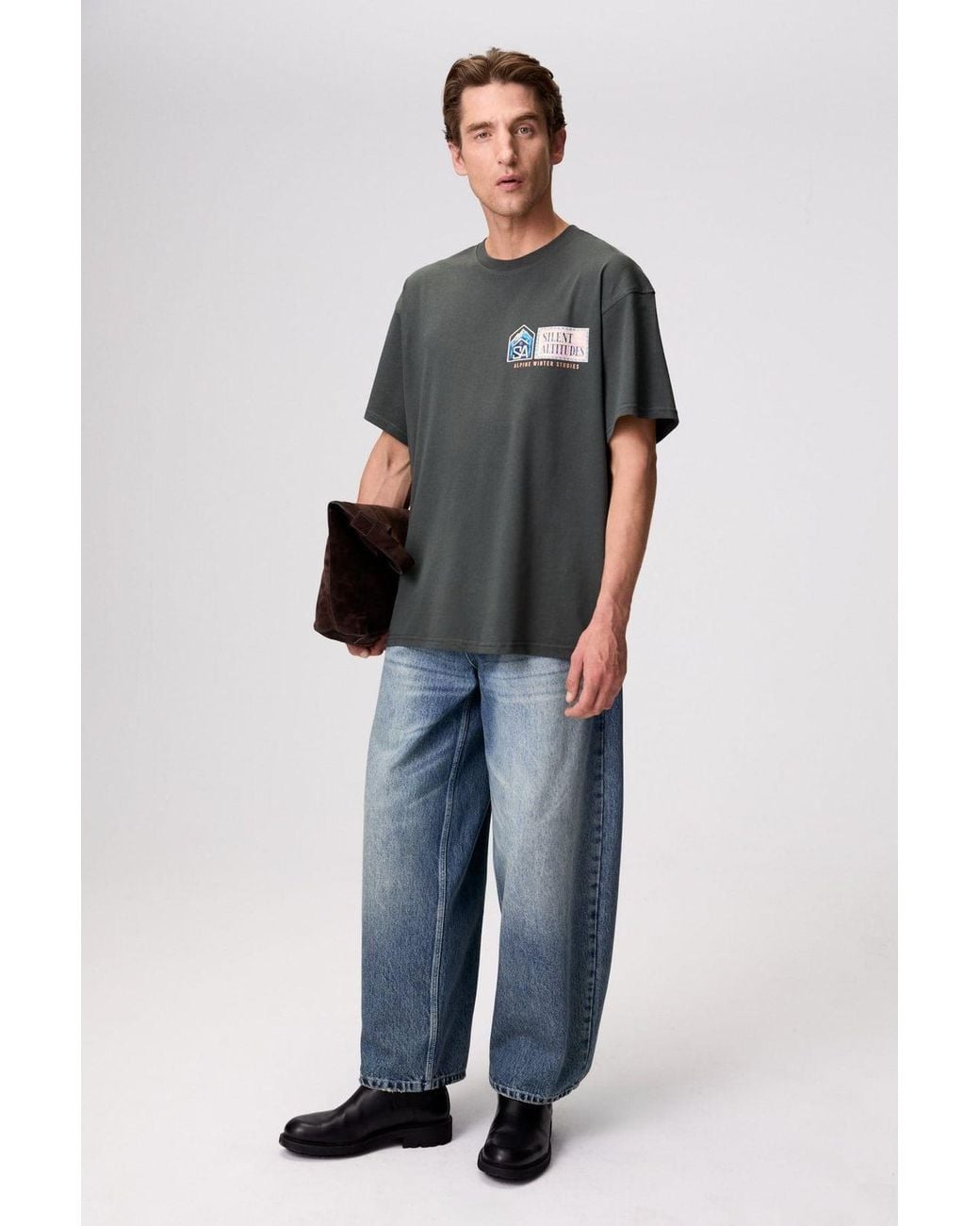 Grimelange Gray Printed Logo Crew Neck T-Shirt for men