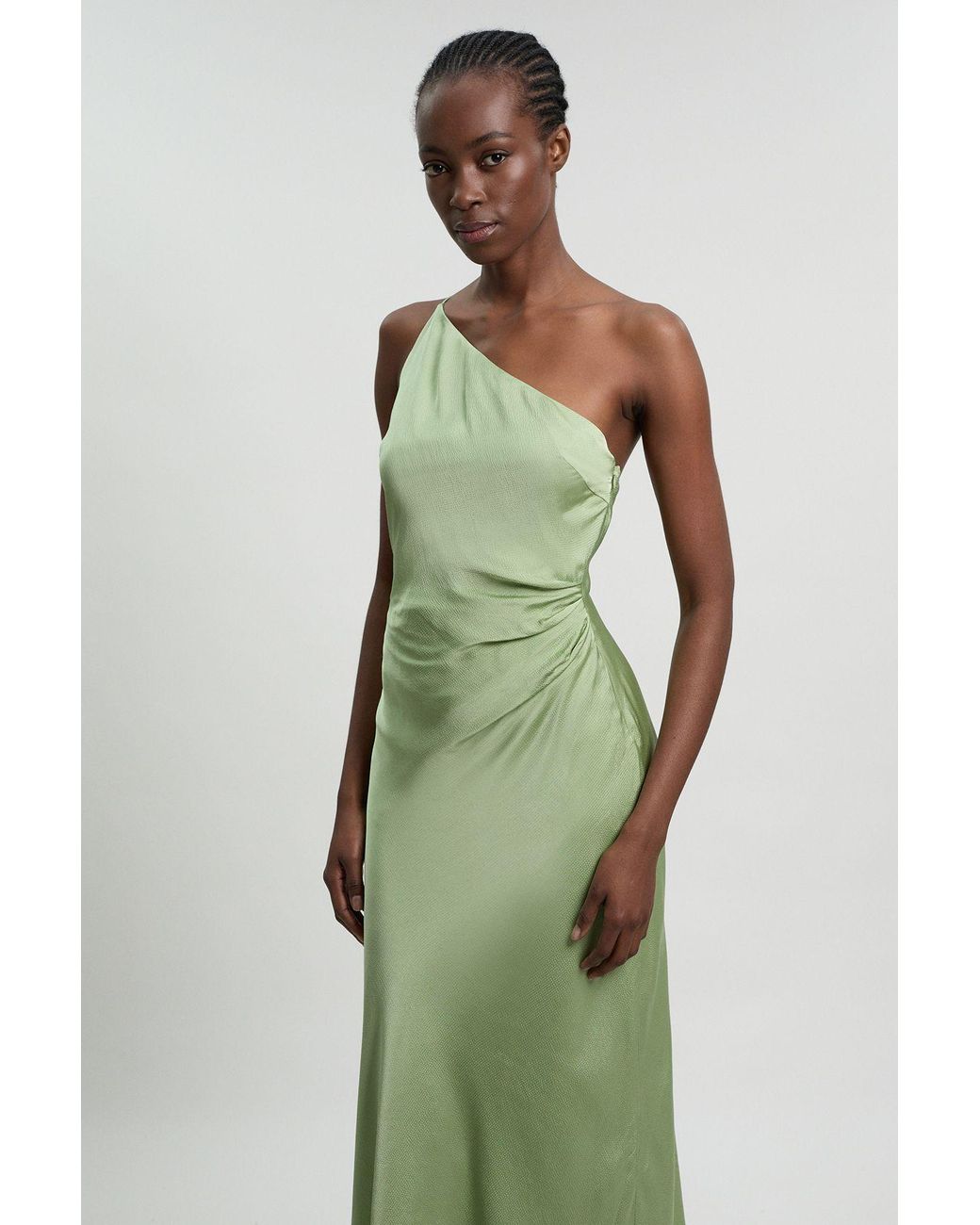 Karen Millen Green Viscose Satin Asymmetric Detail Midi Dress