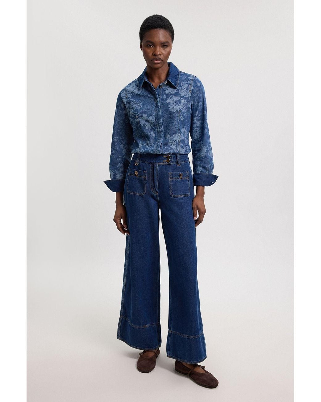 Karen Millen Blue Denim & Jacquard Contrast Wide Leg Jean