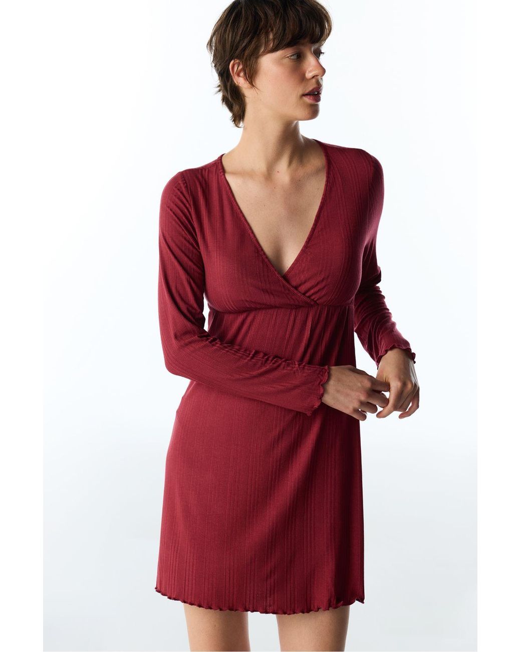 Penti Red Lana Ribbed Long Sleeve Nightdress