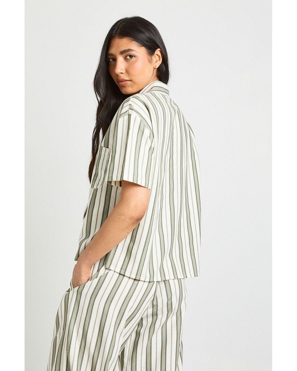 Boohoo Green Tall Premium Linen Stripe Short Sleeve Shirt