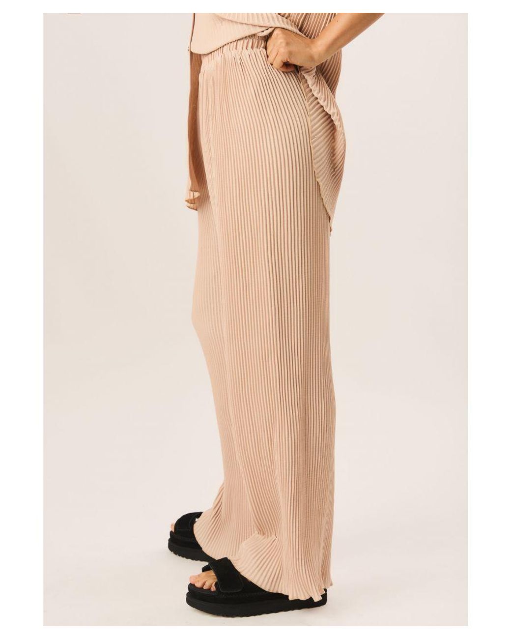 Gini London Natural Plisse Loungewear Wide Leg Trousers