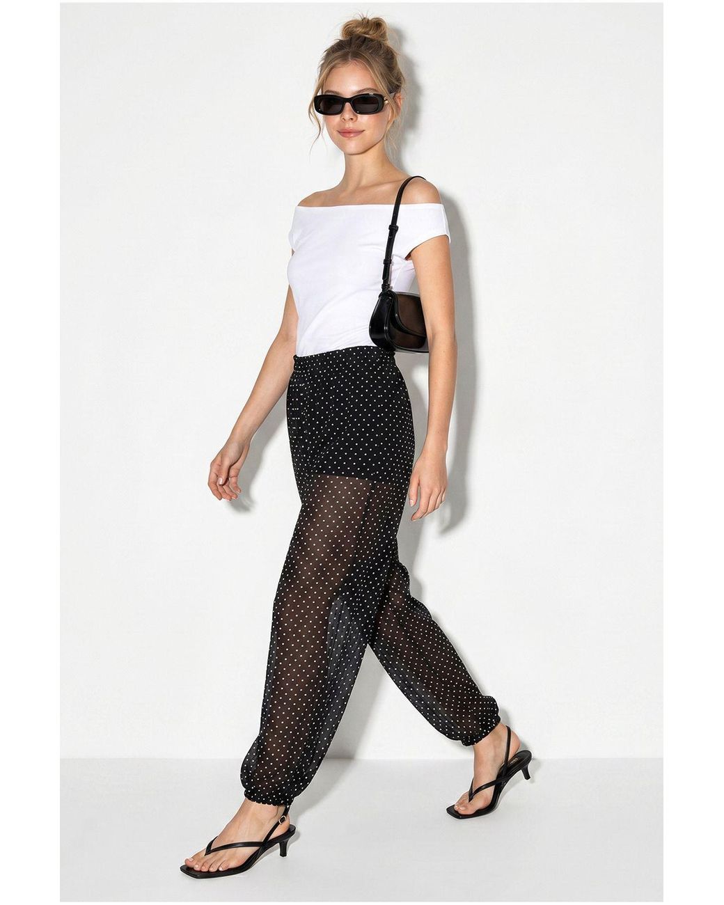 Bianco Lucci White Polka Dot Chiffon Jogger Pants
