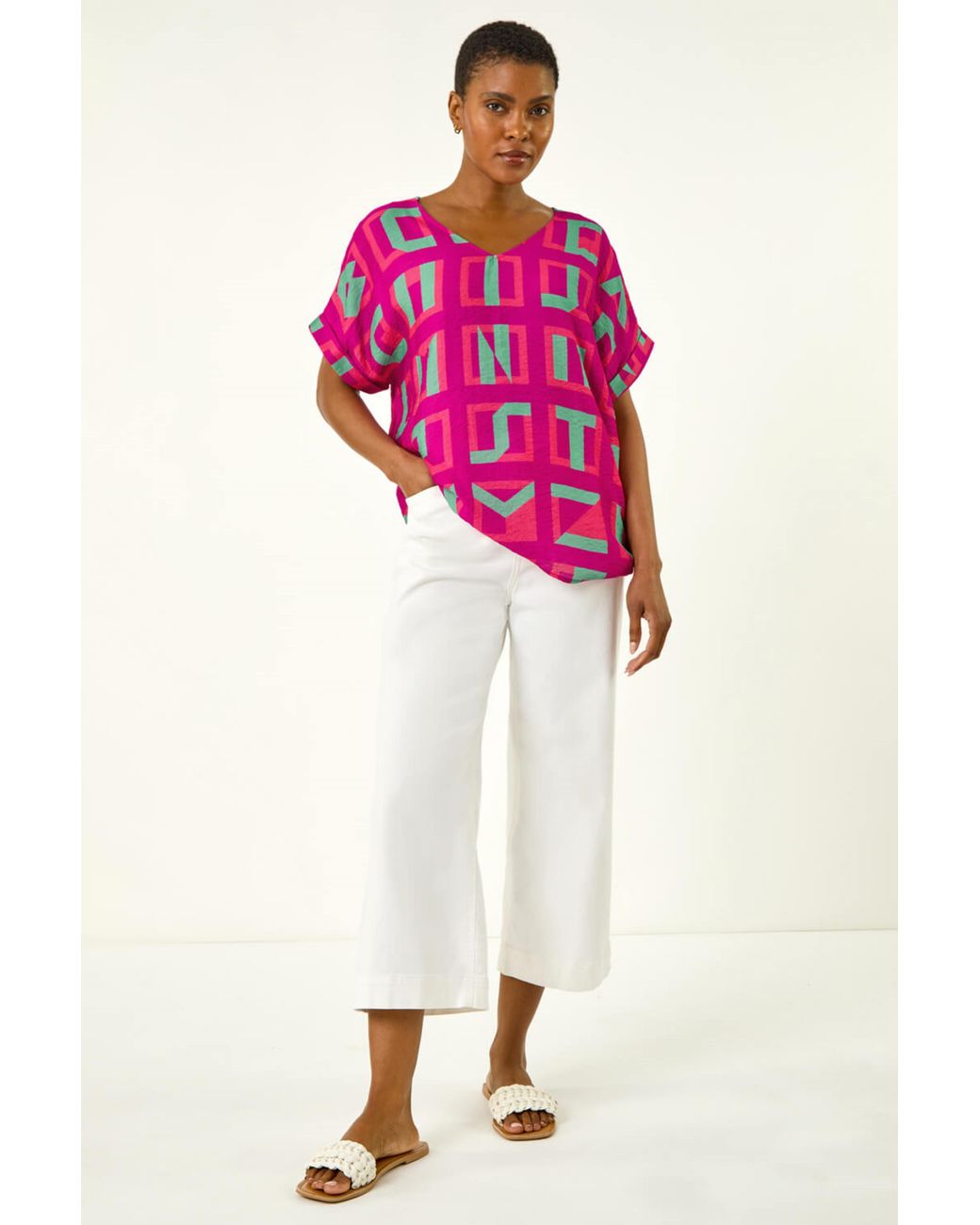 Roman Pink Geometric Print V-Neck Top