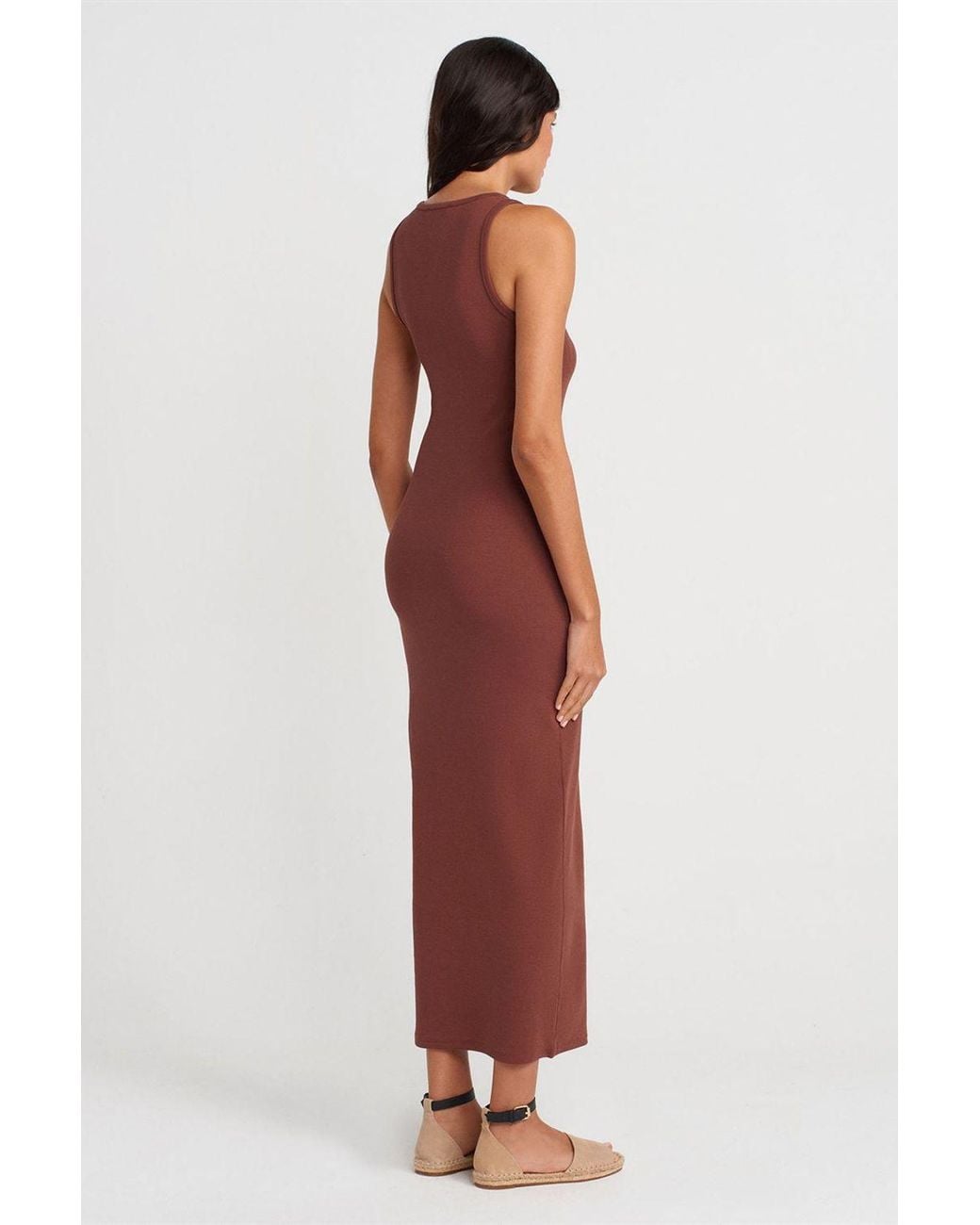 Dilvin Red Ribbed Cotton Blend Sleeveless Maxi Dress