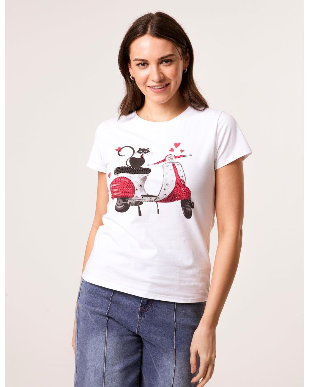 Blue Vanilla White Printed Cat T-Shirt