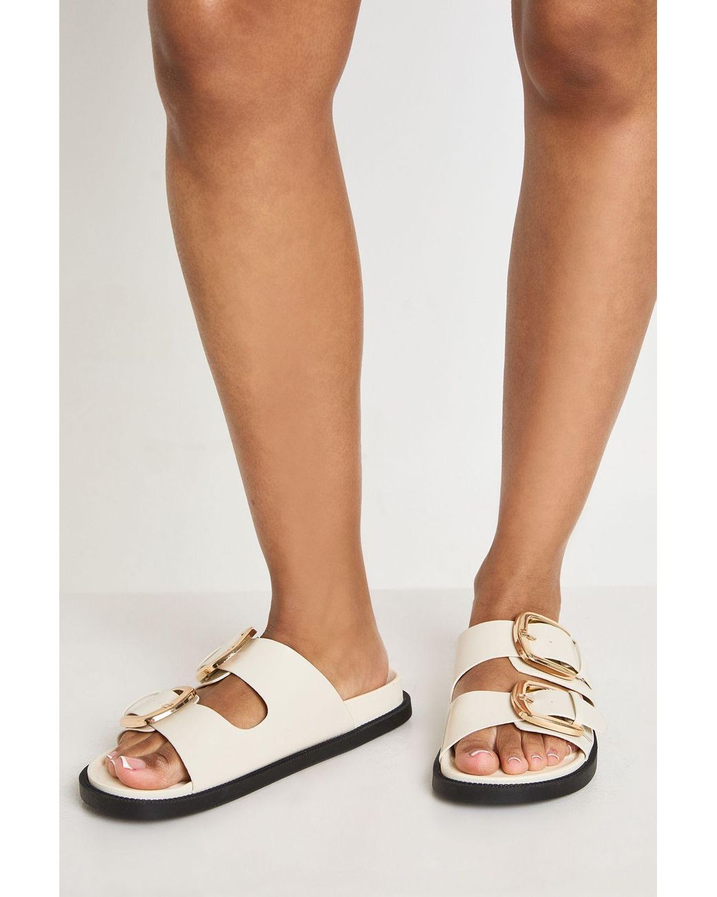 Boohoo White Double Buckle Footbed Sliders