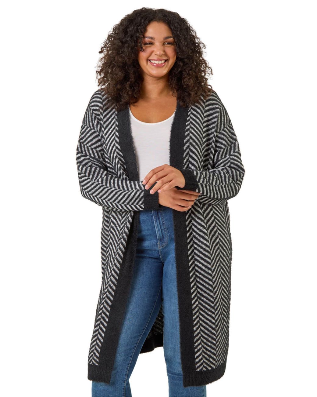 Roman Blue Curve Chevron Fluffy Knit Cardigan