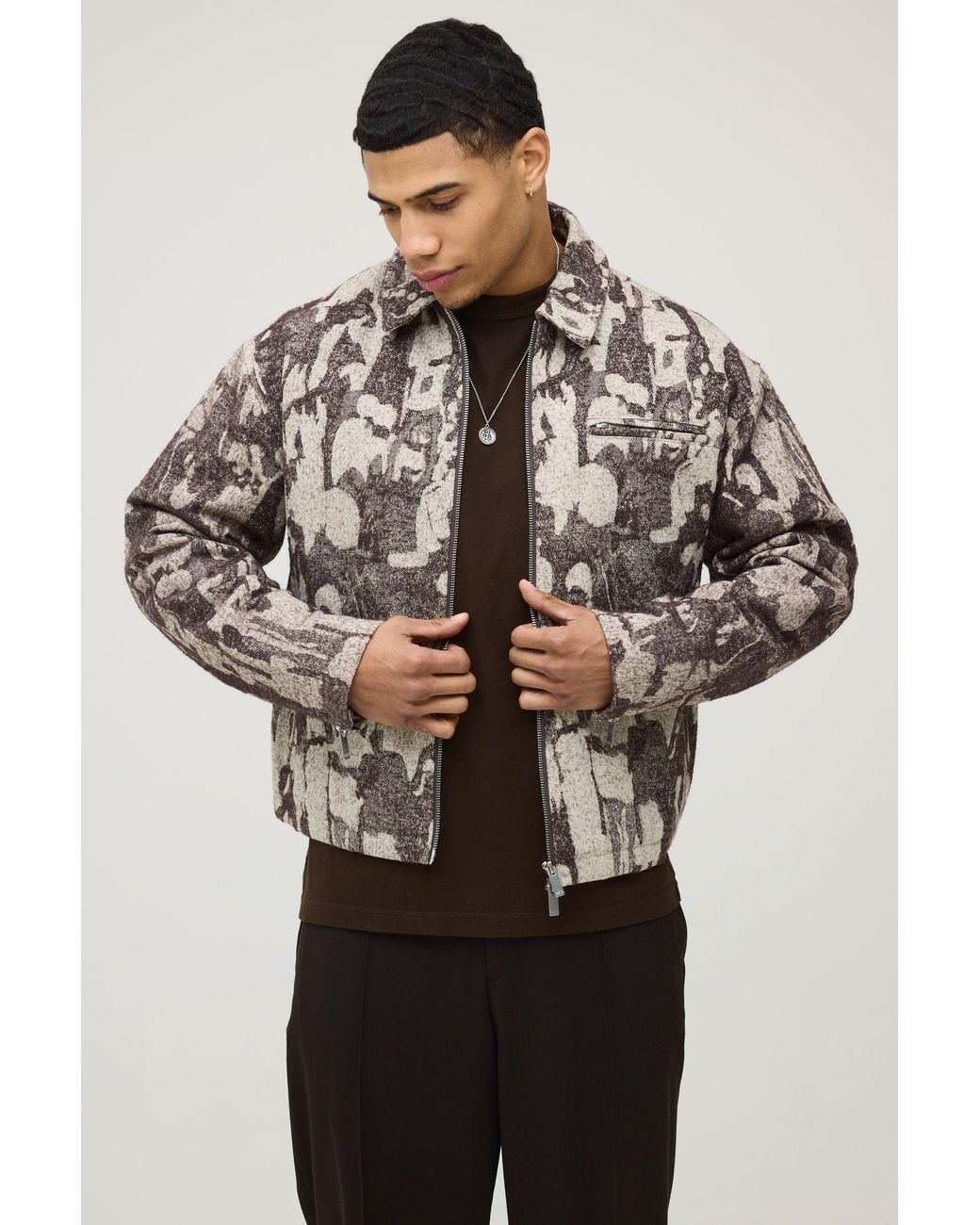 BoohooMAN Gray Boxy Fit Textured Jacquard Harrington Jacket for men