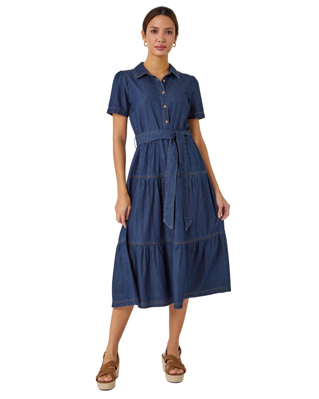 Roman Blue Denim Tiered Cotton Midi Dress