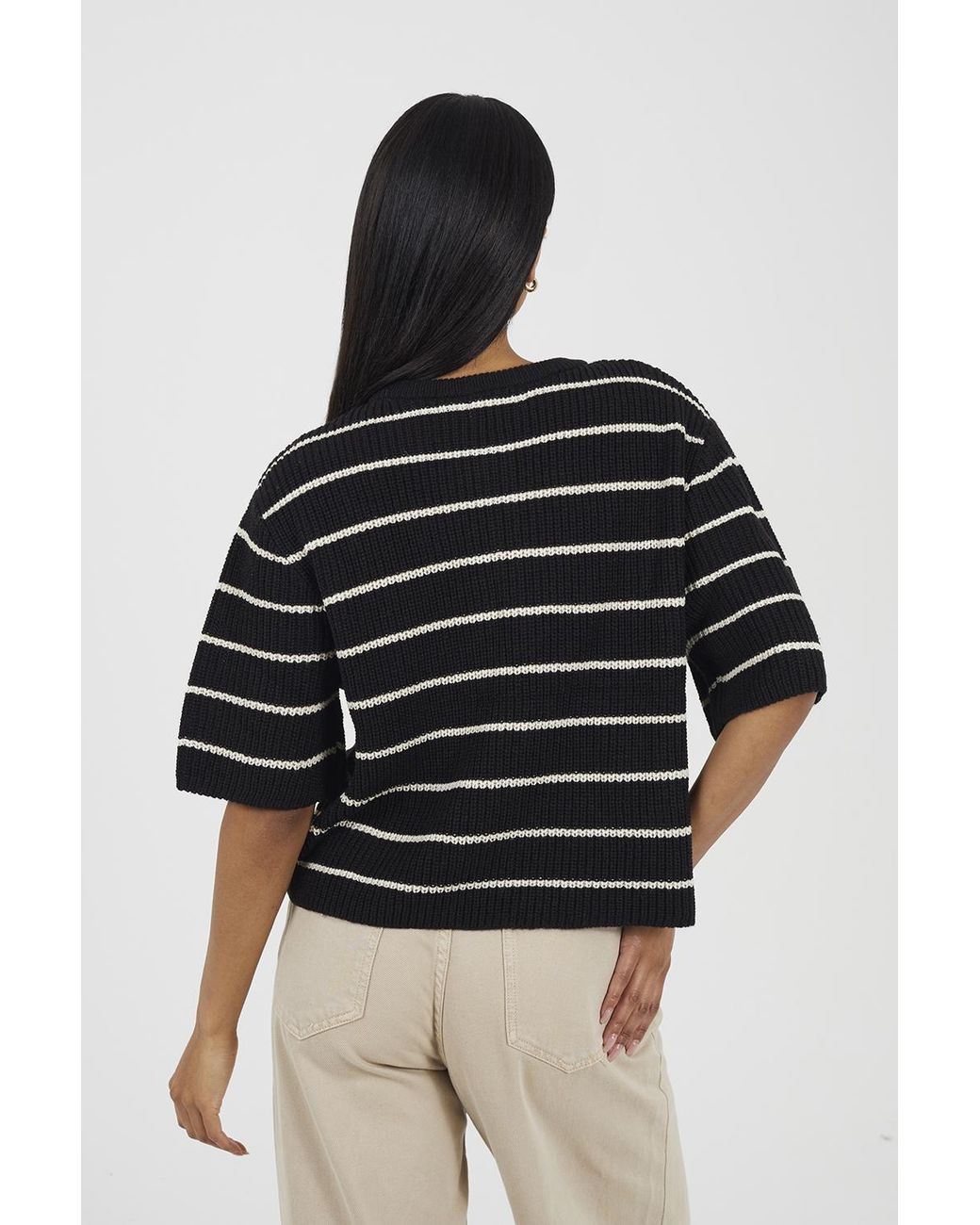Brave Soul Black Striped Short Sleeve Fisherman Knit Cardigan