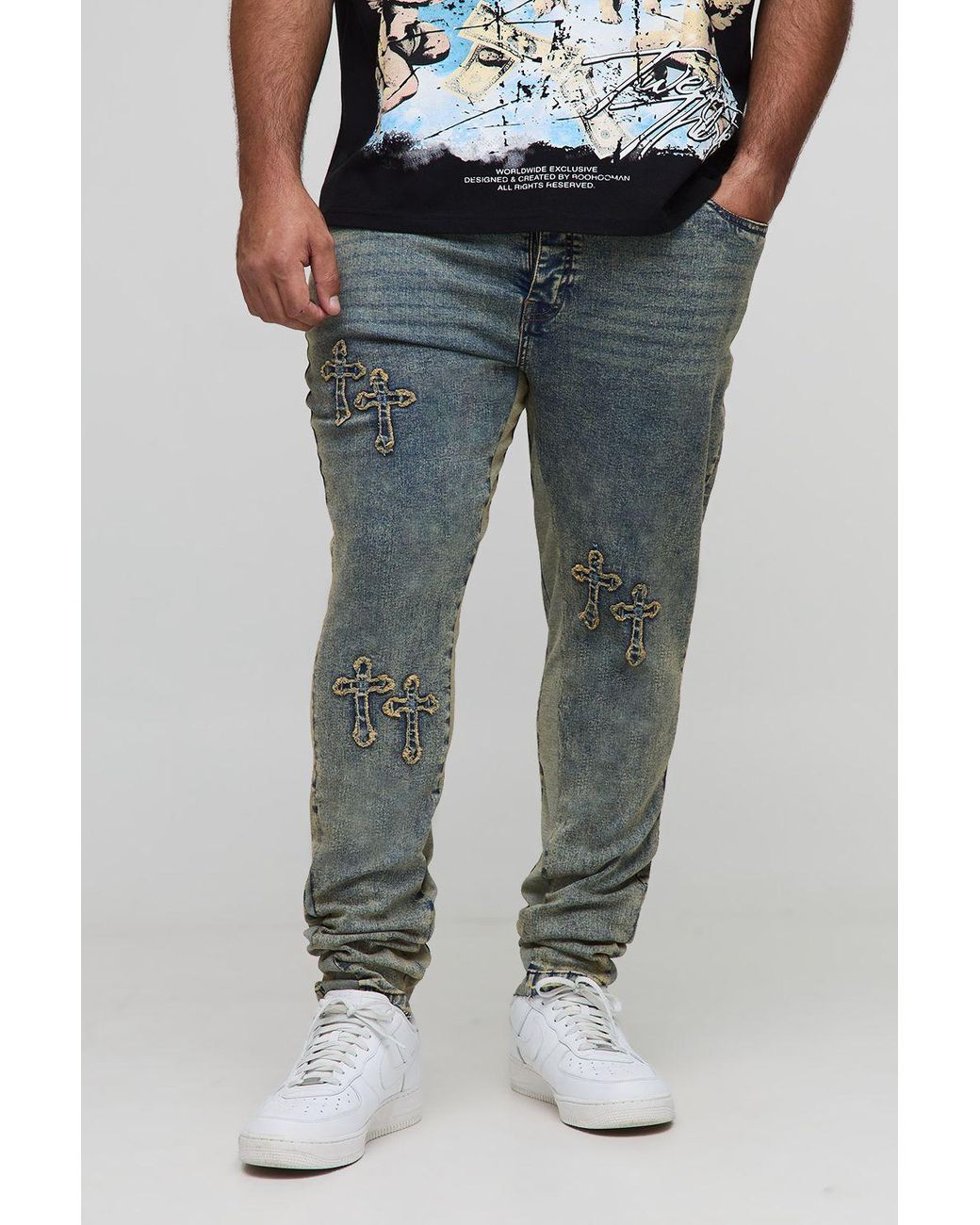 BoohooMAN Blue Plus Stacked Skinny Cross Applique Gusset Jeans for men