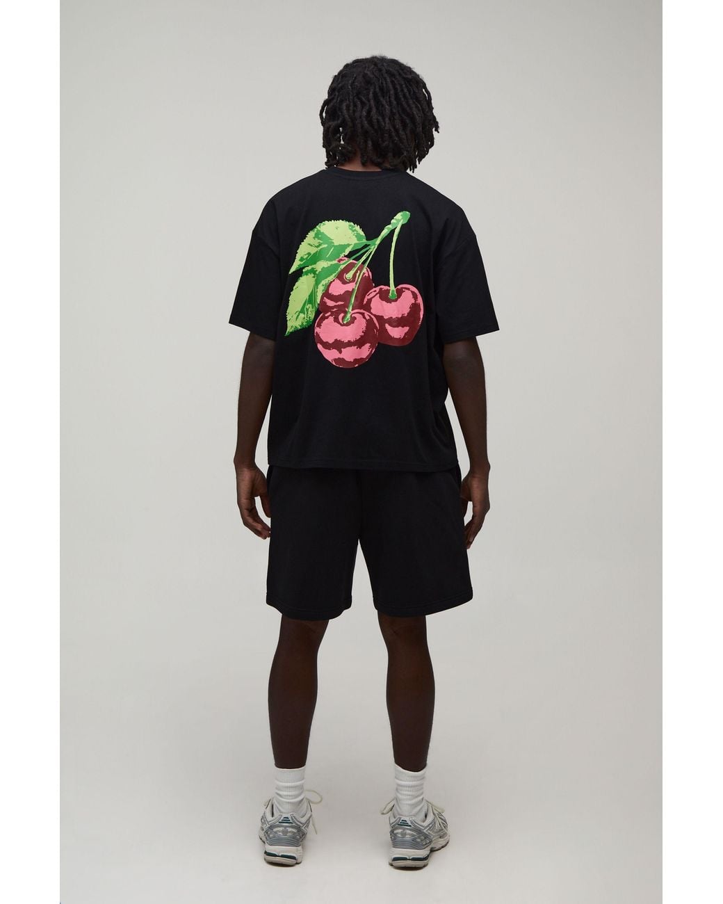 BoohooMAN Black Oversized Cherry Printed T-Shirt & Baggy Short Set for men