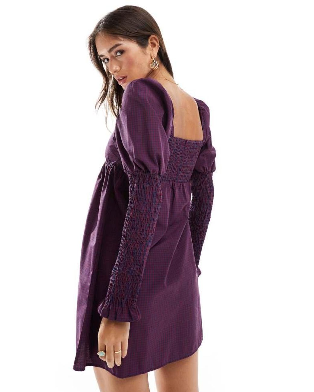 ASOS Purple Poplin Shirred Sleeve Mini Dress