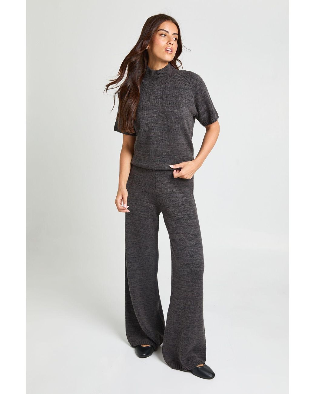 Boohoo Multicolor High Neck Knitted Top And Wide Leg Trouser Co-Ord