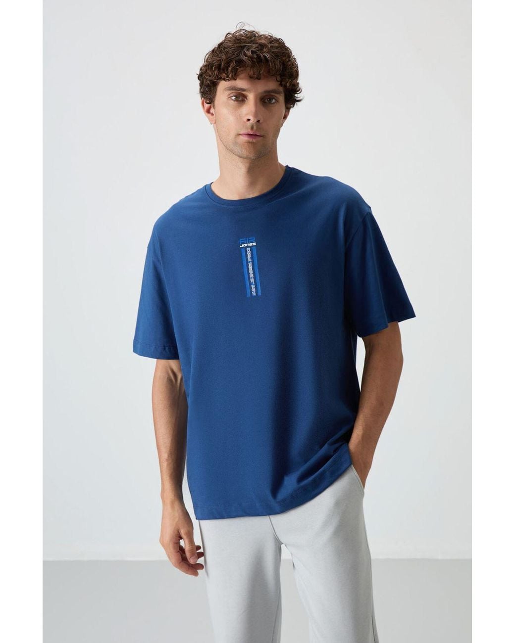 TOMMY LIFE Blue Oversized Printed Crew Neck T-Shirt for men