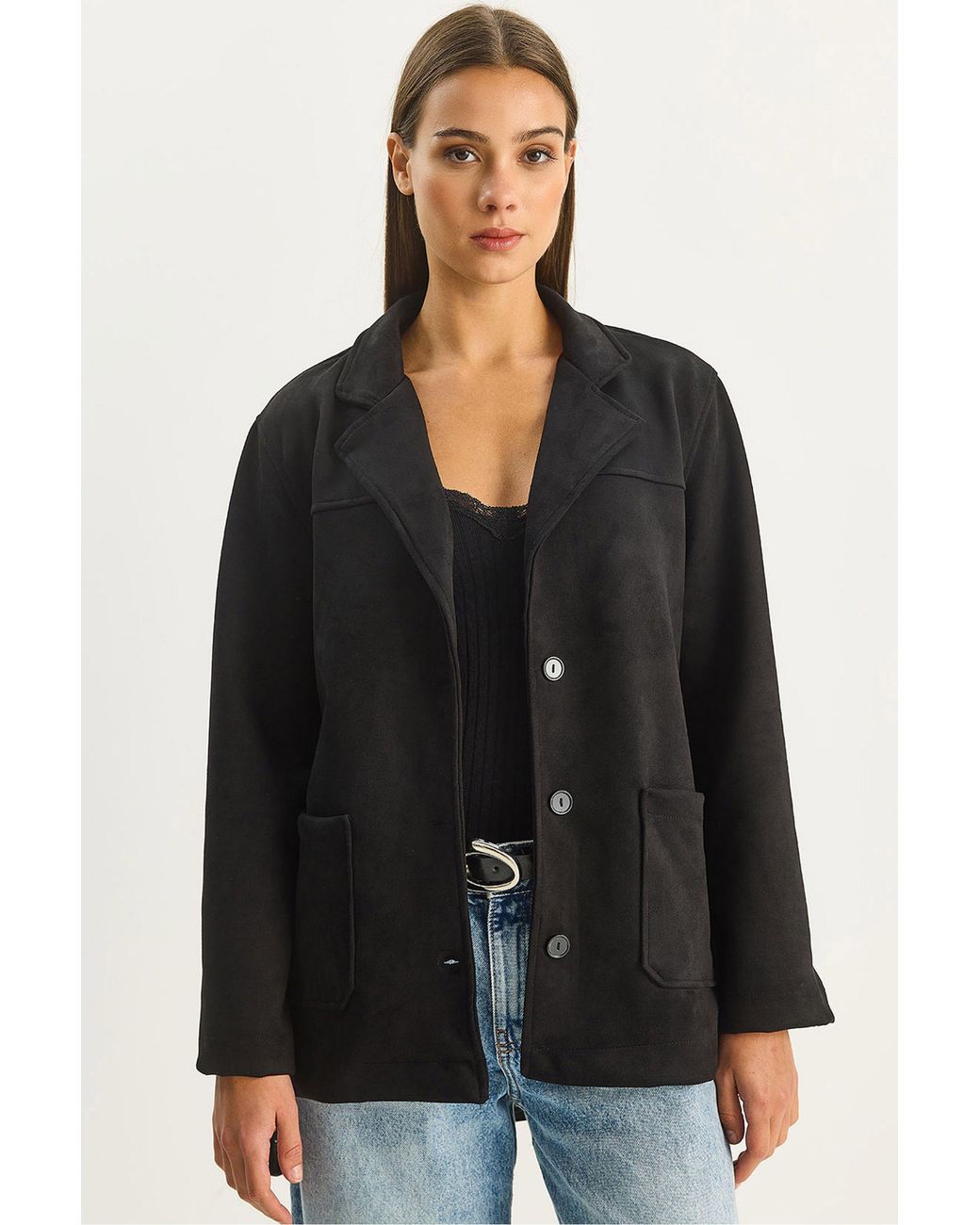Bianco Lucci Black Faux Suede Button-Up Jacket