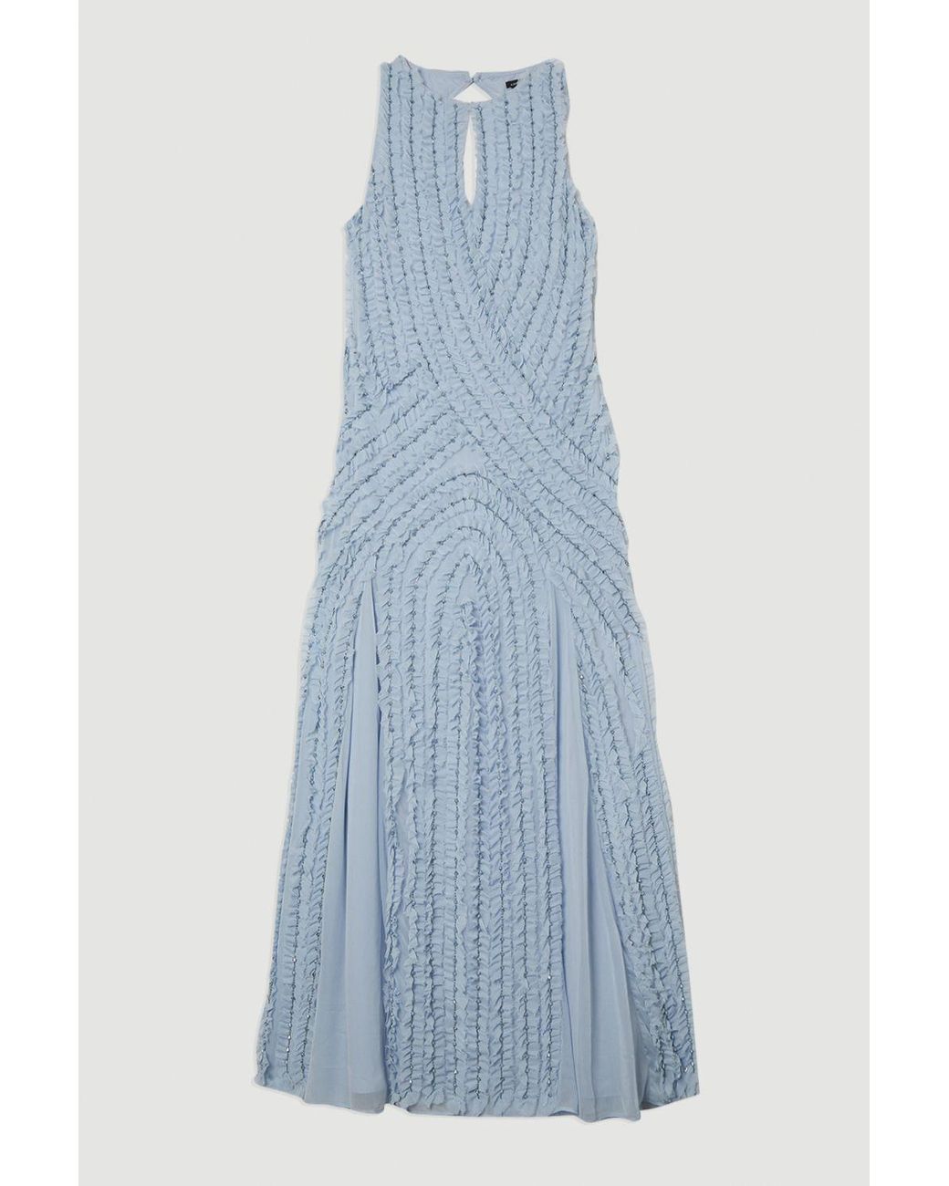 Karen Millen Embellished Ruffle Keyhole Cutout Woven Maxi Dress in Blue