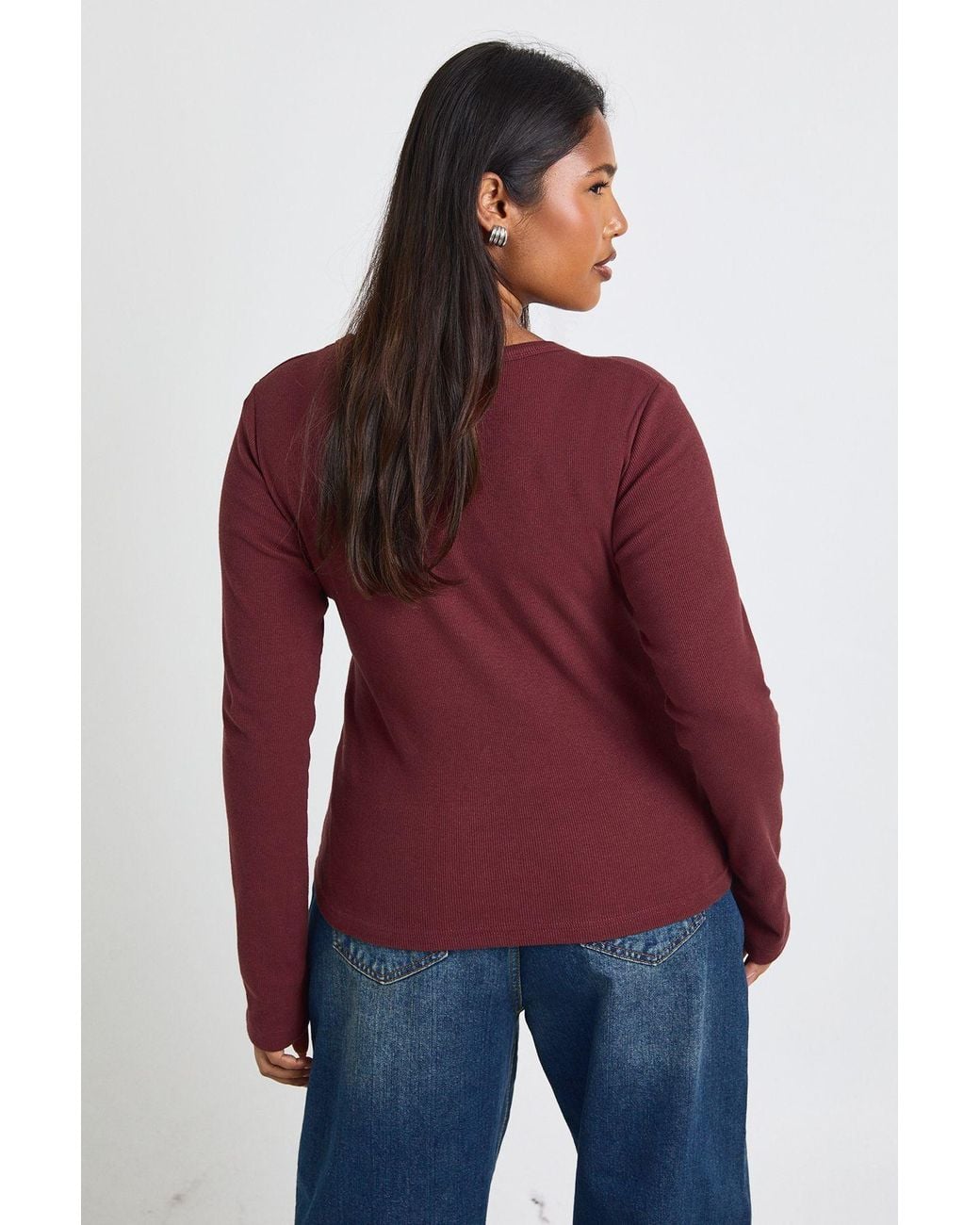 Boohoo Red Plus Basic Rib Scoop Neck Longline Long Sleeve Fitted Top