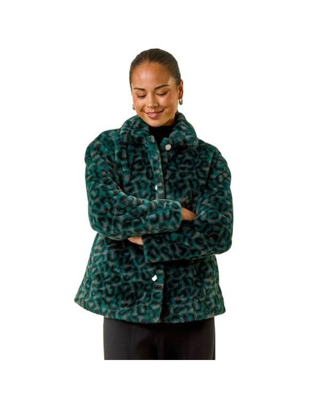 Roman Green Petite Leopard Fur Coat