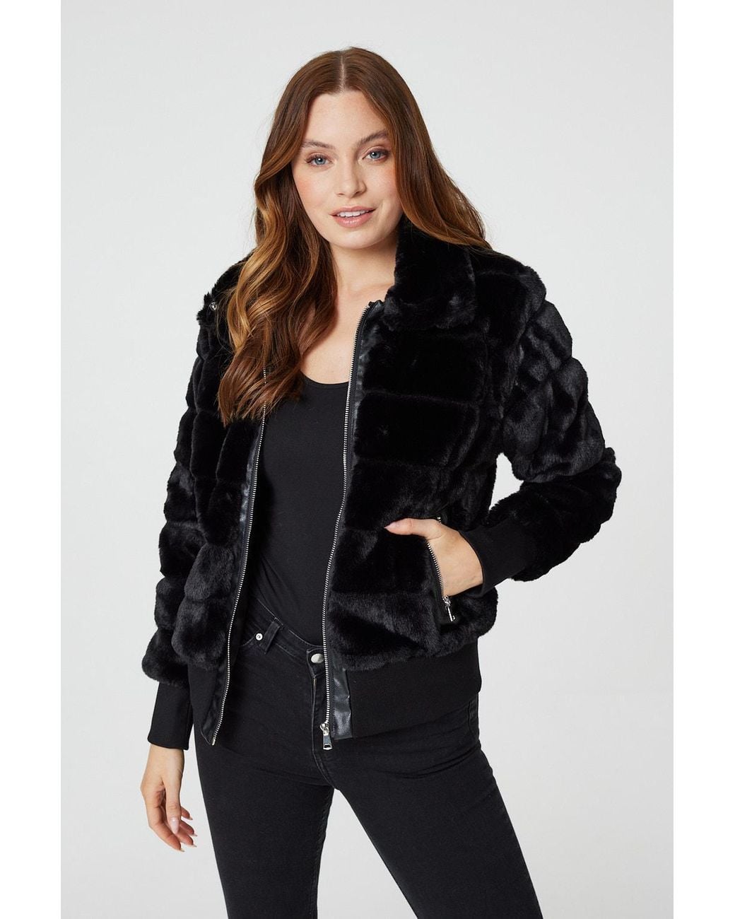 Izabel London Black Faux Fur Zip Front Jacket