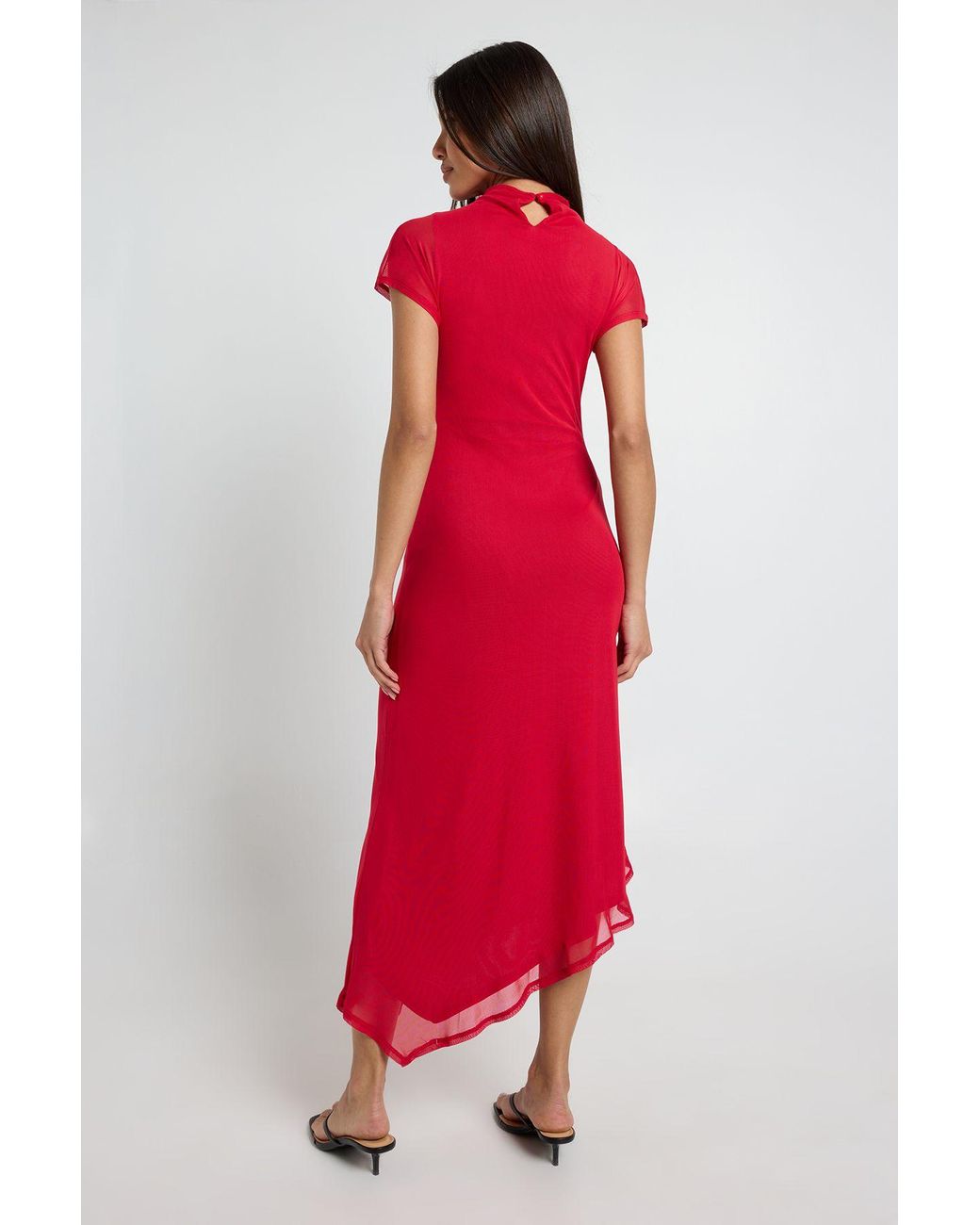 Boohoo Red Mesh Cap Sleeve Asym Hem Midaxi Dress