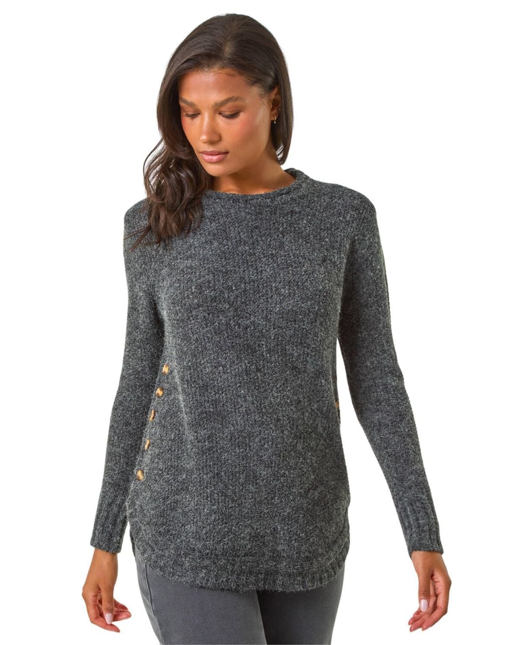 Roman Gray Button Detail Curved Hem Jumper