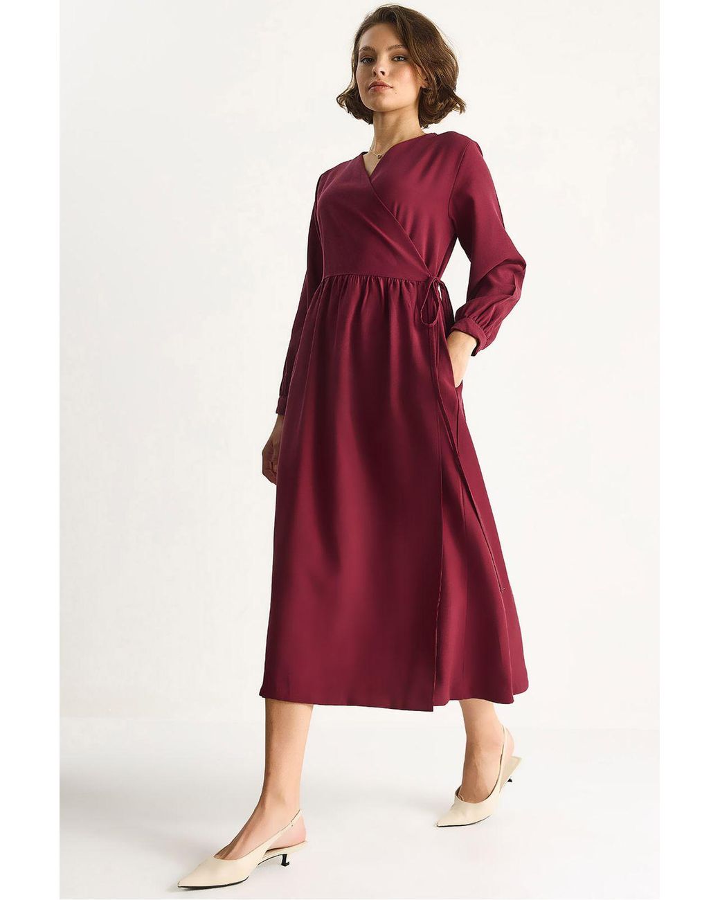Bianco Lucci Red Maxi Ruffle Drape Turtleneck Dress