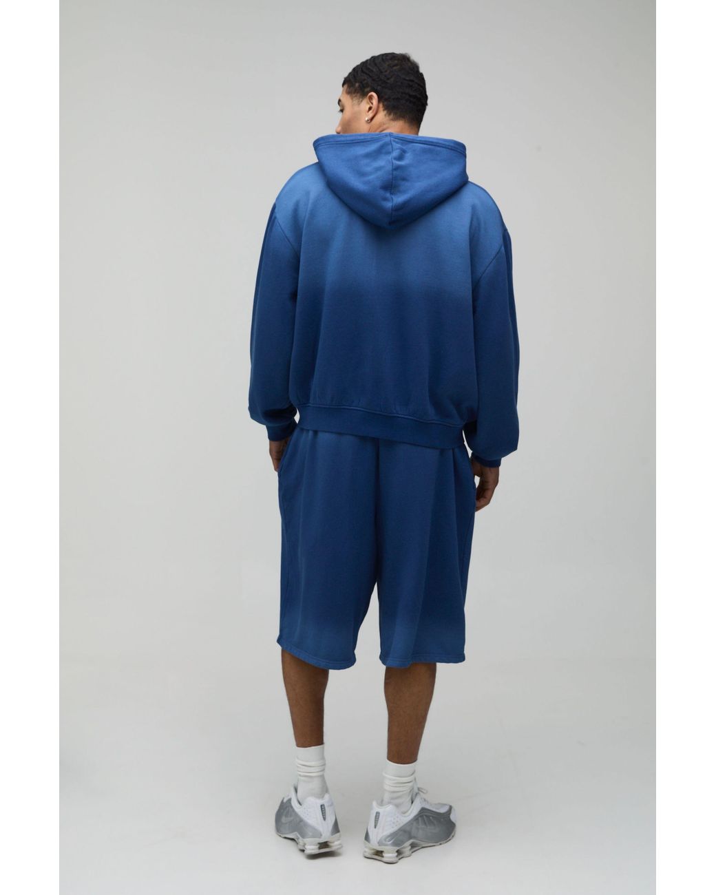 BoohooMAN Blue Oversized Boxy Ombre Wash M Star Zip Through Hooded Jort Tracksuit for men