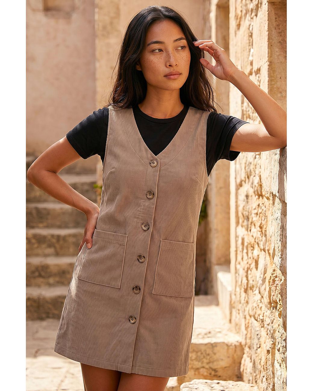 Roman Brown Petite Cord Pinafore Dress