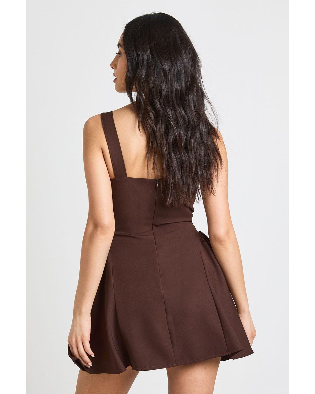 Boohoo Brown Square Neck Full Skirt Mini Dress
