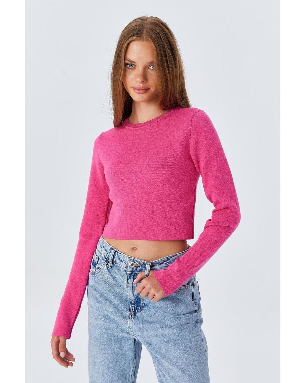 MixRay Pink Long Sleeve Basic Crop Knit Top