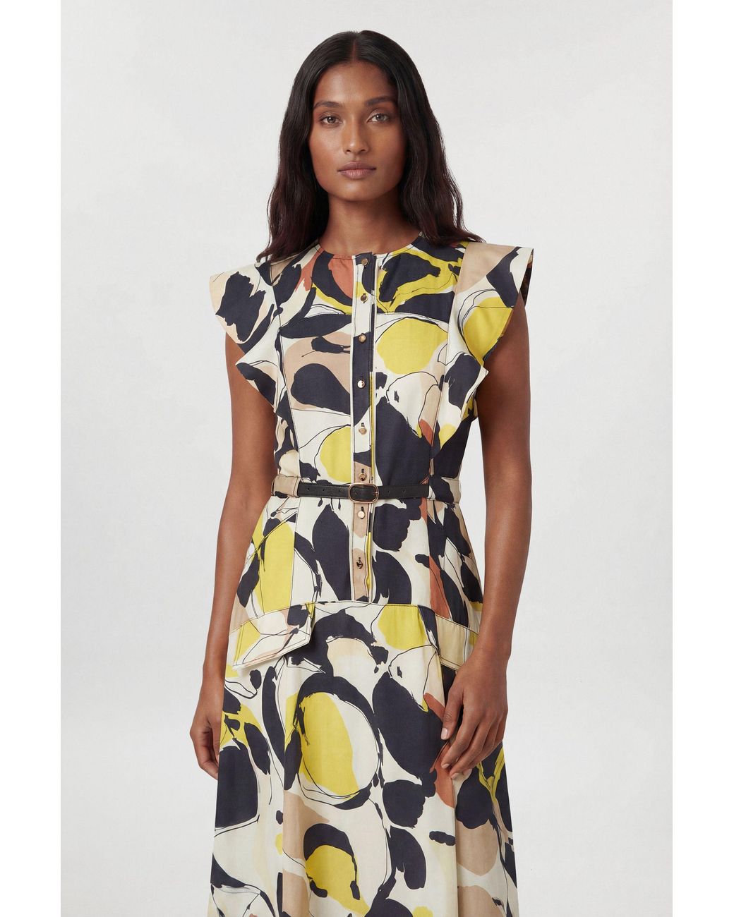 Karen Millen White Abstract Print Viscose Linen Woven Ruffle Sleeve Midi Dress