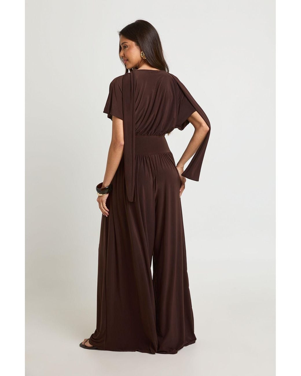 Boohoo Brown Slinky Angel Sleeve Wide Leg Jumpsuit
