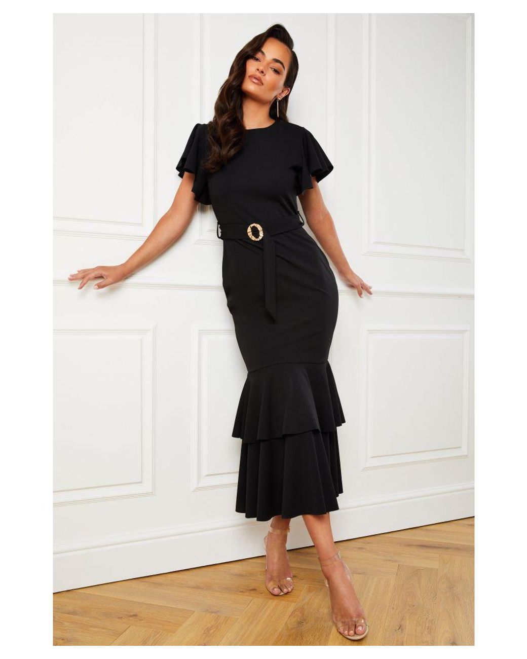 Quiz black floral print frill dress hotsell