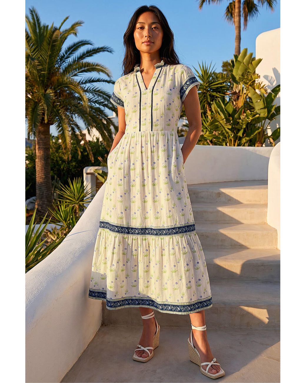 Roman White Petite Floral Print Tiered Midi Dress