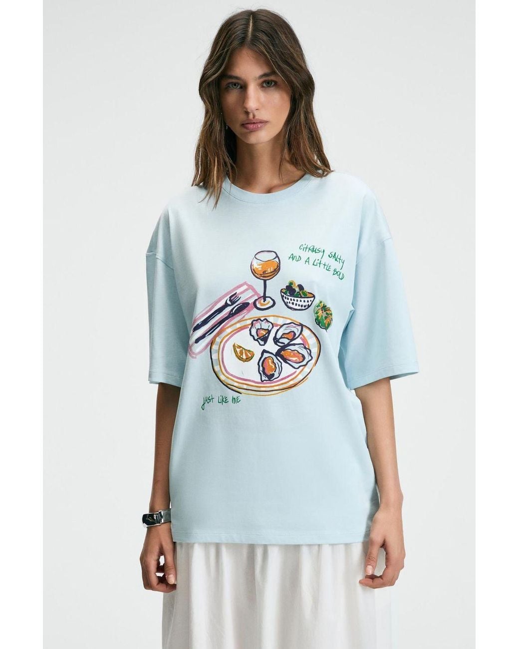 Grimelange Blue Oversized Printed Crew Neck T-Shirt