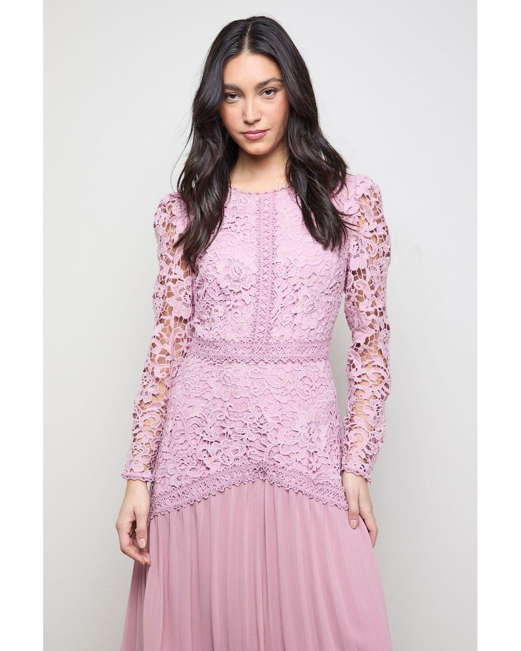 Oasis Pink Lace Bodice Pleated Skirt Long Sleeve Midi Dress